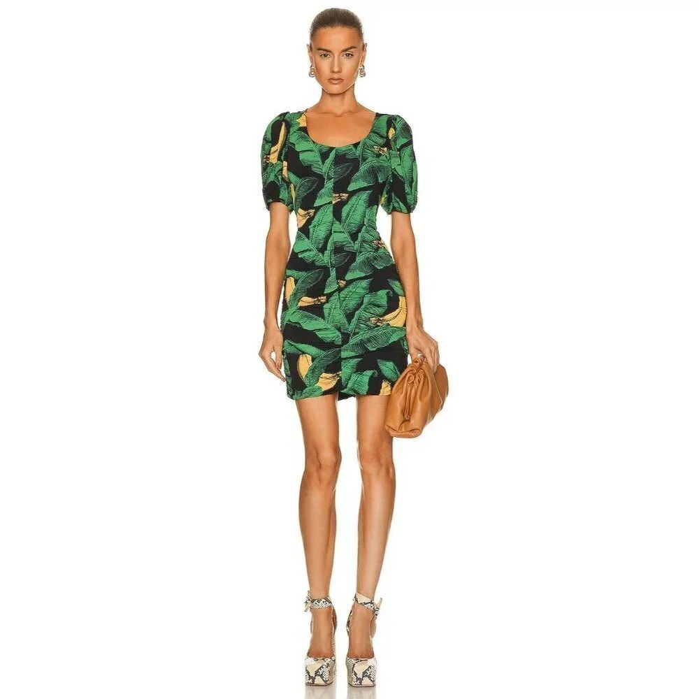 Ganni Printed Drapey Jersey Mini Dress in Black 40 8 New Womens